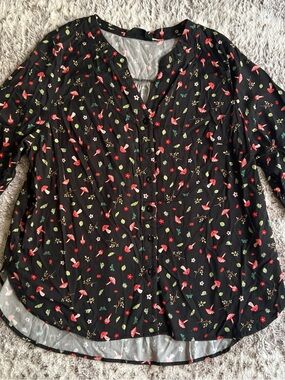 BloomChic Black Button-Front Mushroom & Leaf Print Top
